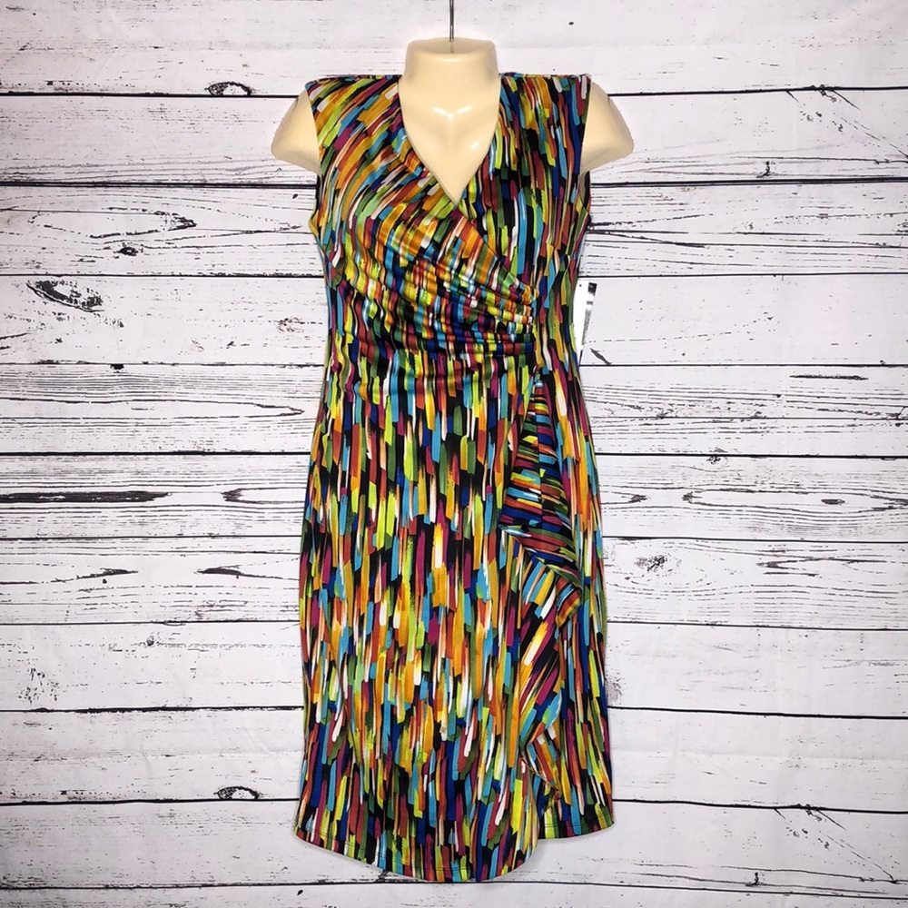 Peach Velvet New York NWT Sz. 6 Multi-Color Cascade Ruffle Surplice Sheath Dress